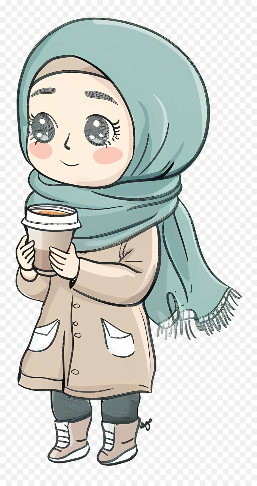 Gadis Islam，Memegang Cangkir Kopi PNG