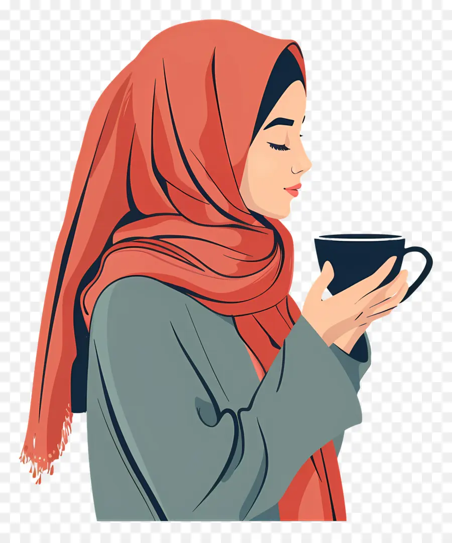 Gadis Islam，Memegang Cangkir Kopi PNG