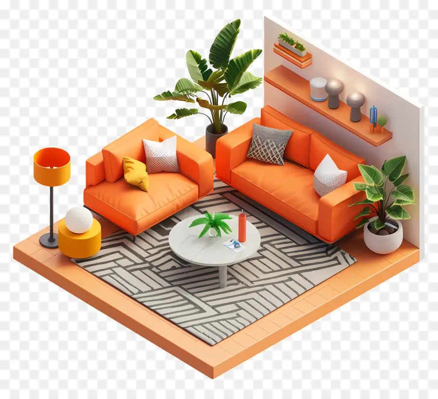 Ruang Tamu 3d，Sofa Oranye PNG