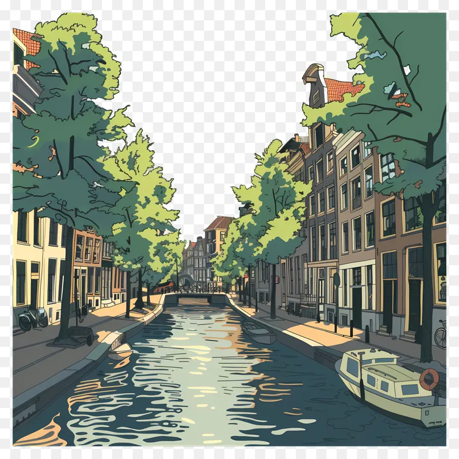 Kanal Amsterdam，Lukisan Cat Air PNG