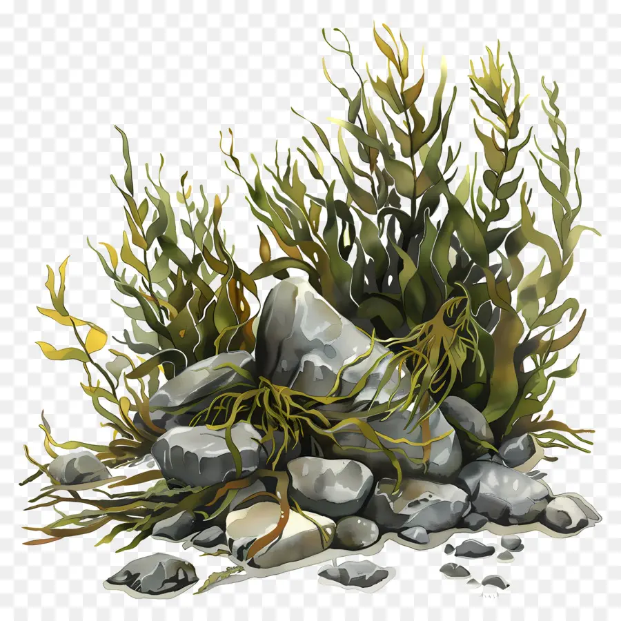 Rumput Laut Dengan Batu，Lukisan Digital PNG