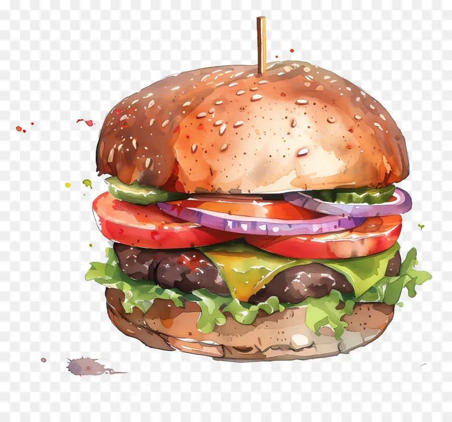 Burger，Lukisan Cat Air PNG