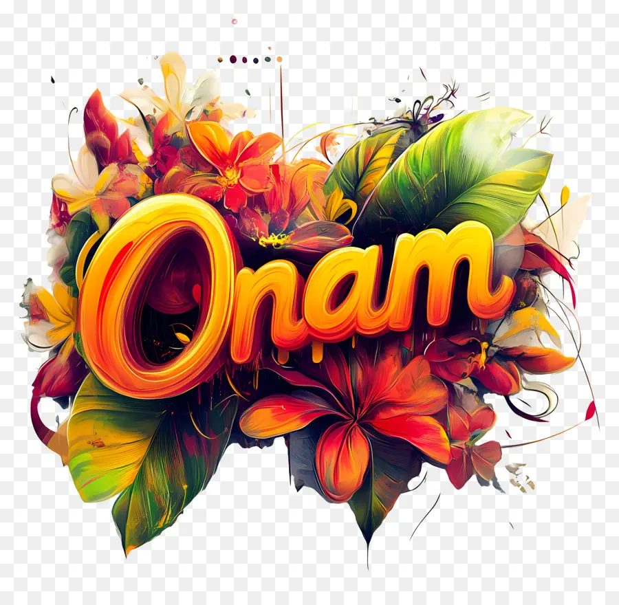 Onam，Teks Onam Dengan Latar Belakang Bunga PNG