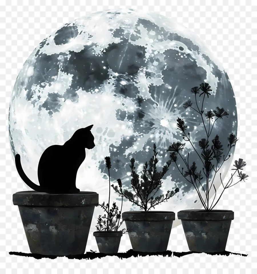 Siluet Kucing，Bulan PNG