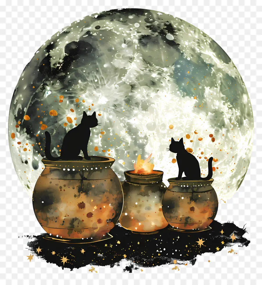 Siluet Kucing，Kucing Dan Bulan PNG