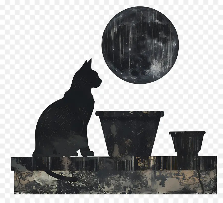 Siluet Kucing，Bulan PNG