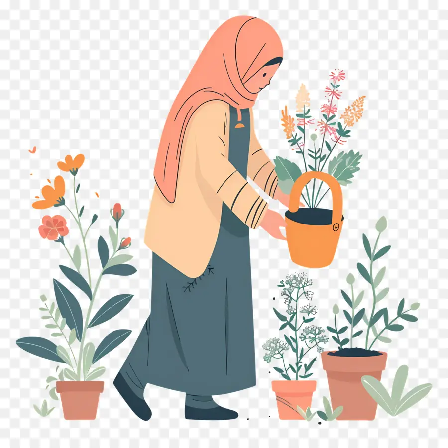 Gadis Hijab Sedang Berkebun，Wanita Berkebun PNG