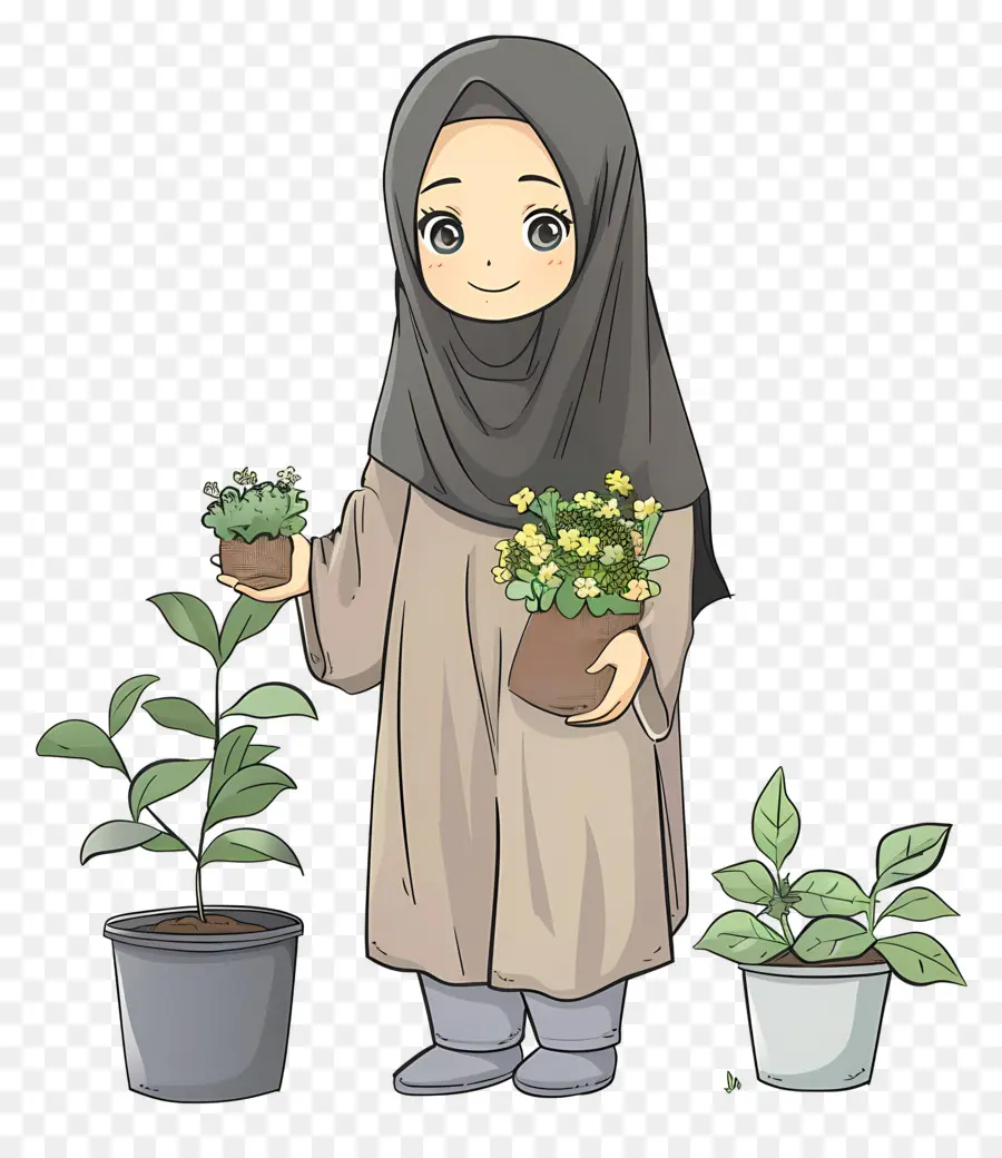 Gadis Hijab Sedang Berkebun，Gadis Dengan Tanaman PNG