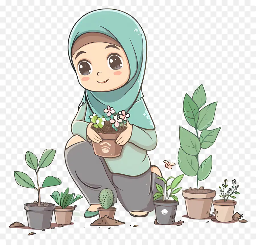 Gadis Hijab Sedang Berkebun，Gadis Menanam PNG