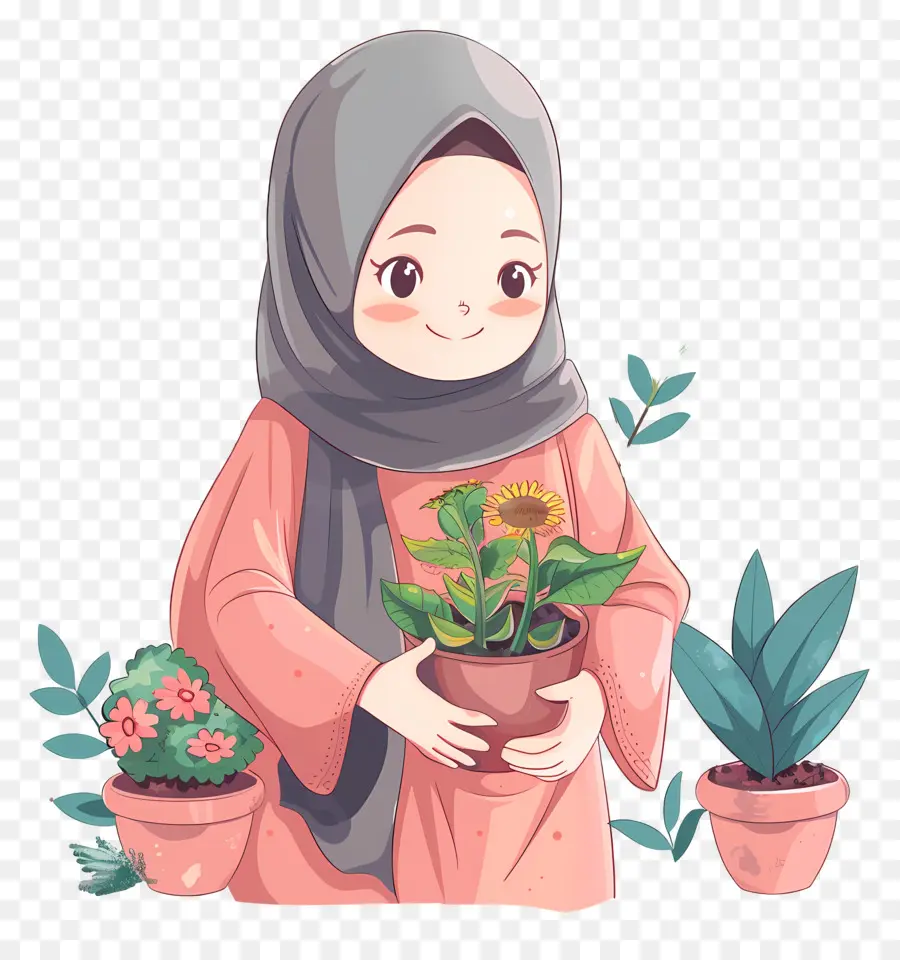 Gadis Hijab Sedang Berkebun，Gadis Dengan Tanaman PNG