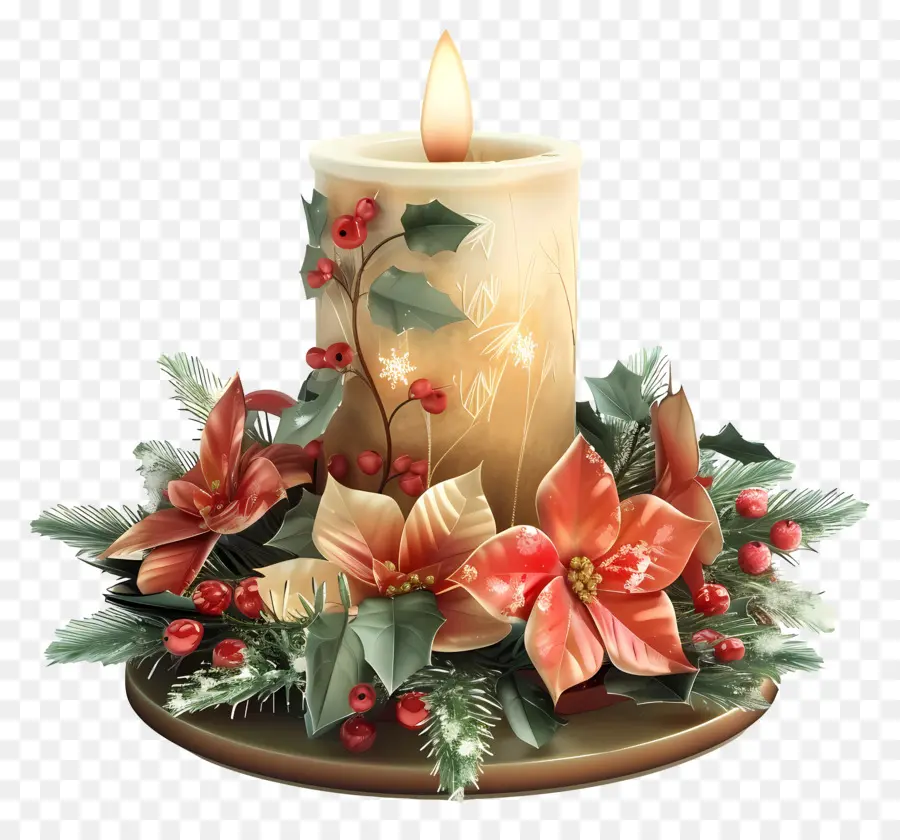 Lilin Natal，Lilin Dengan Poinsettia PNG