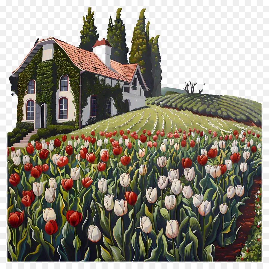 Rumah Pondok，Rumah Dengan Lapangan Tulip PNG