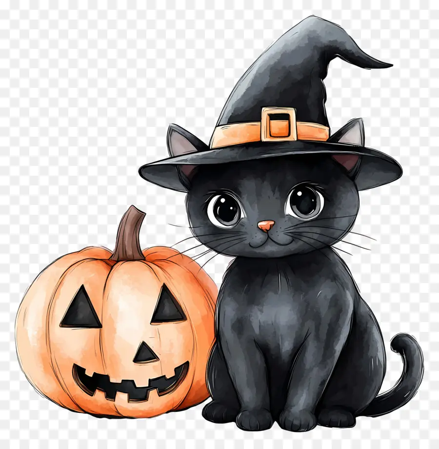 Kucing Hitam Halloween，Kucing Hitam Dengan Labu PNG