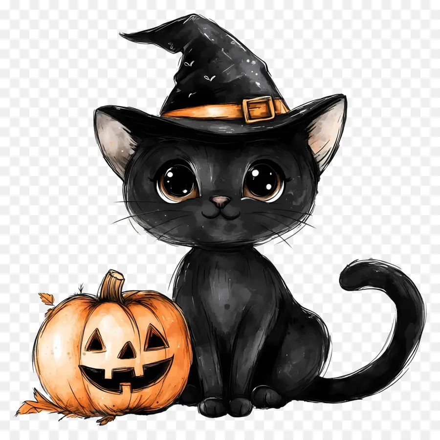 Kucing Hitam Halloween，Kucing Hitam Dengan Labu PNG