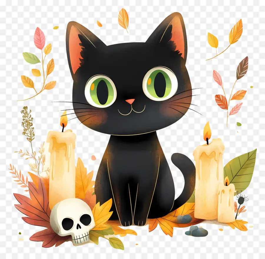 Kucing Hitam Halloween，Kucing Hitam Dengan Lilin PNG