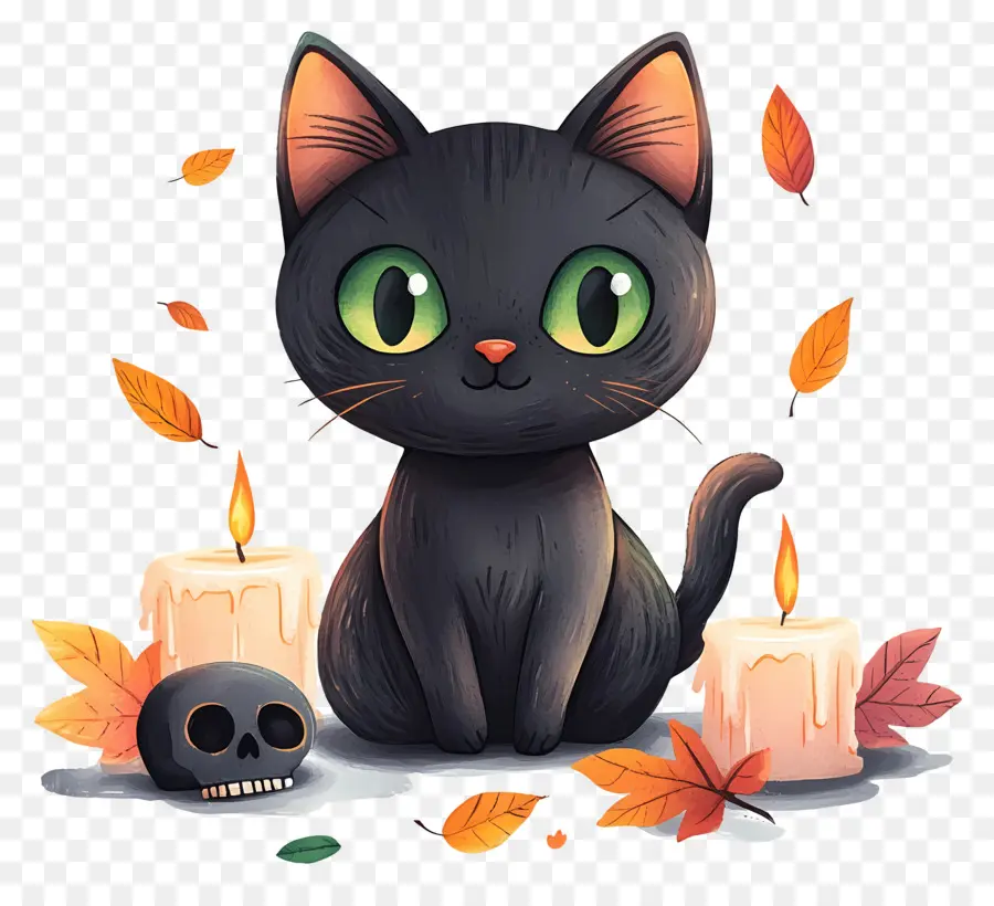 Kucing Hitam Halloween，Kucing Hitam Dengan Lilin PNG