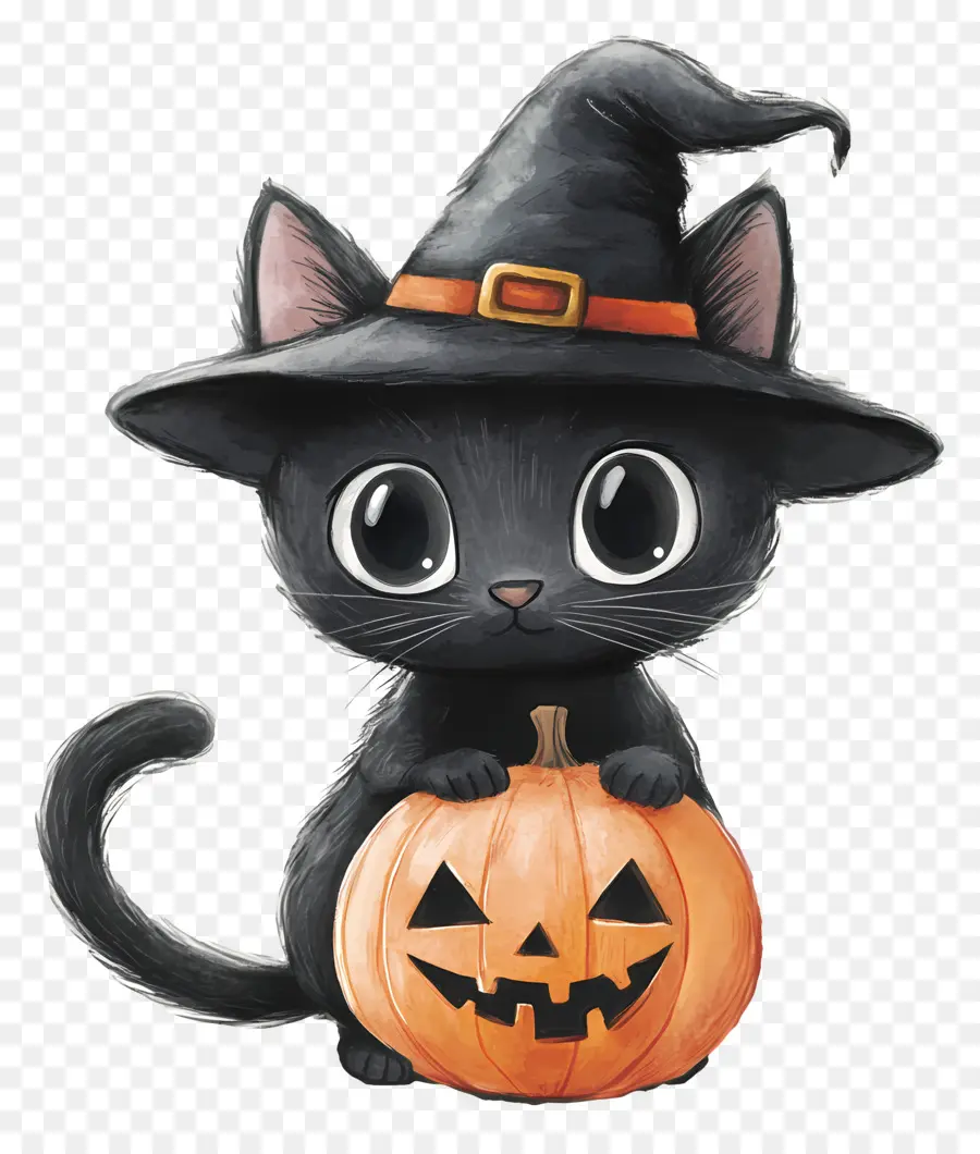 Kucing Hitam Halloween，Kucing Hitam Dengan Labu PNG