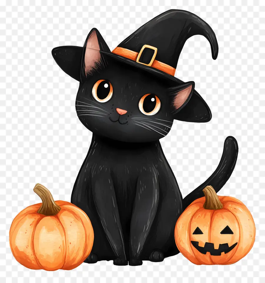 Kucing Hitam Halloween，Kucing Hitam Dengan Labu PNG