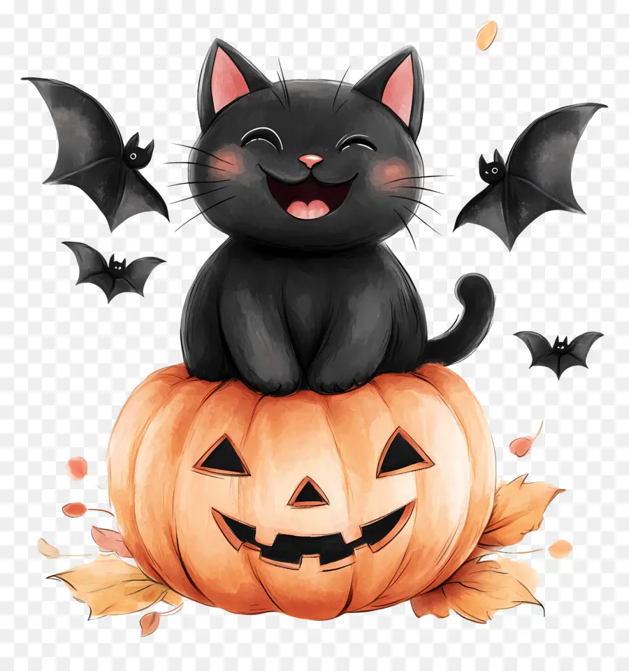 Kucing Hitam Halloween，Kucing Di Labu PNG