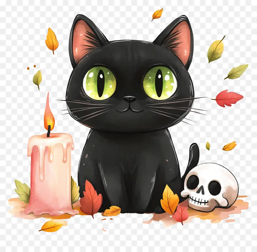 Kucing Hitam Halloween，Kucing Hitam Dengan Lilin PNG