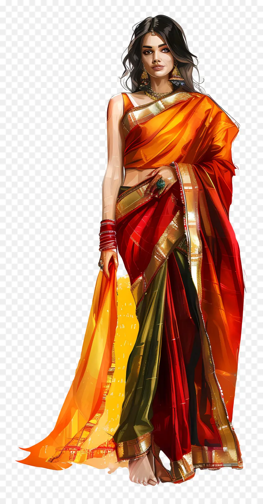 Sari India，Wanita Dengan Saree Tradisional PNG