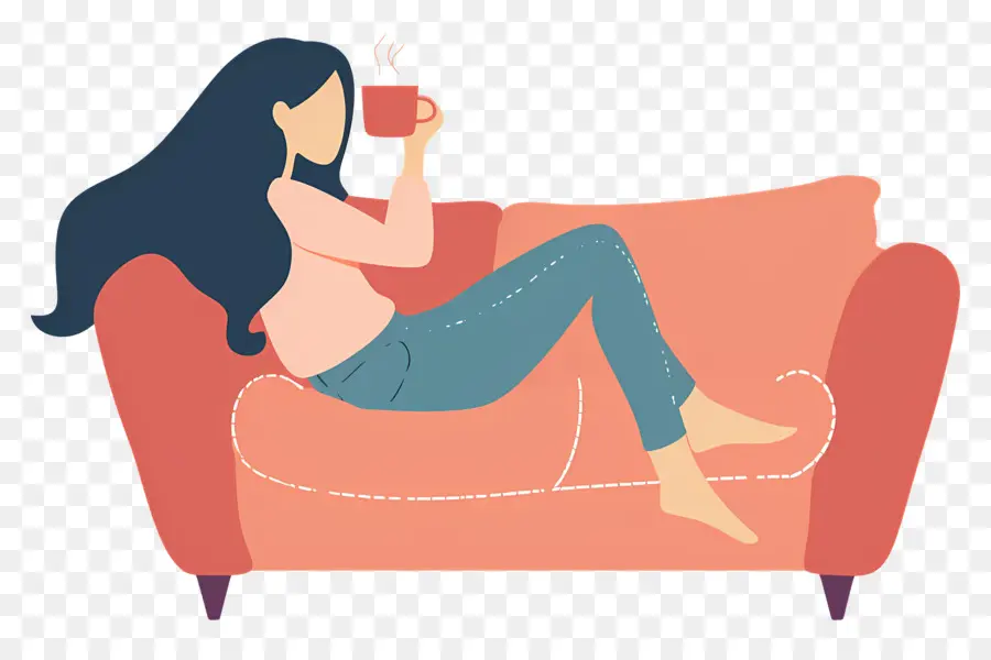 Minum Kopi，Wanita Bersantai Di Sofa PNG