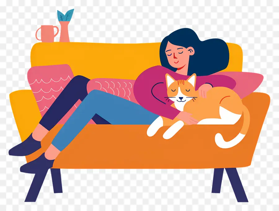 Bersantai Di Sofa，Wanita Dengan Kucing PNG