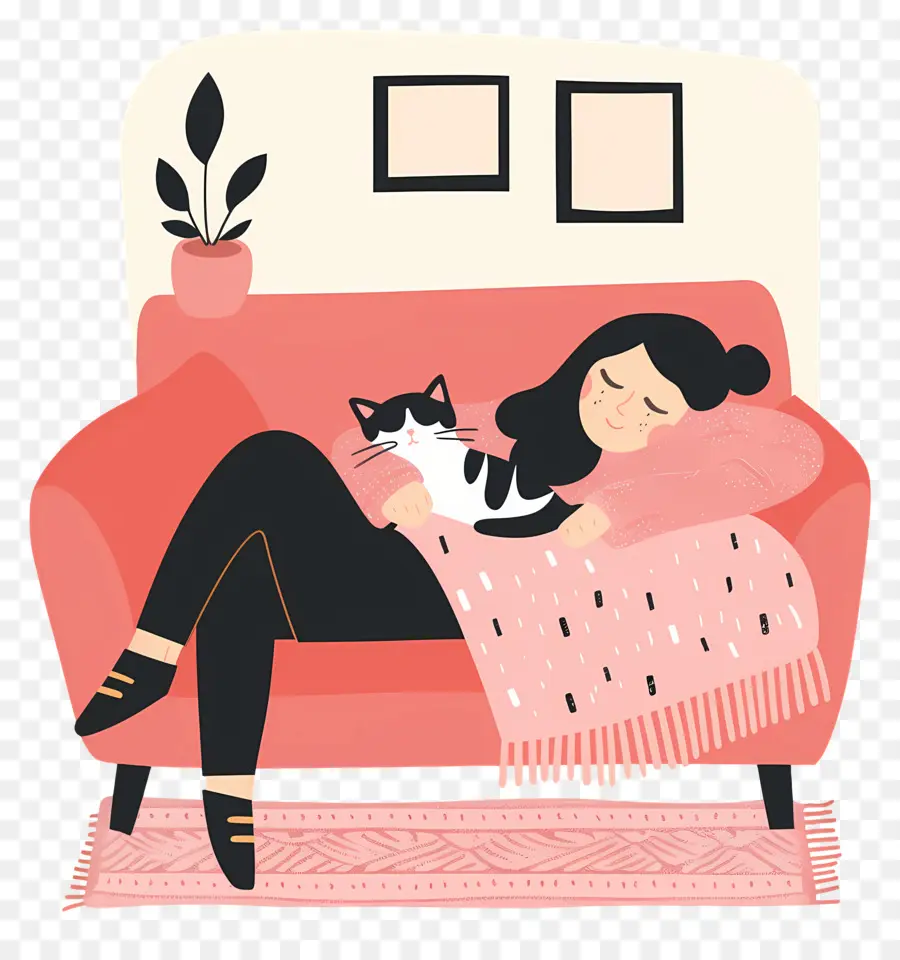 Bersantai Di Sofa，Wanita Dengan Kucing PNG