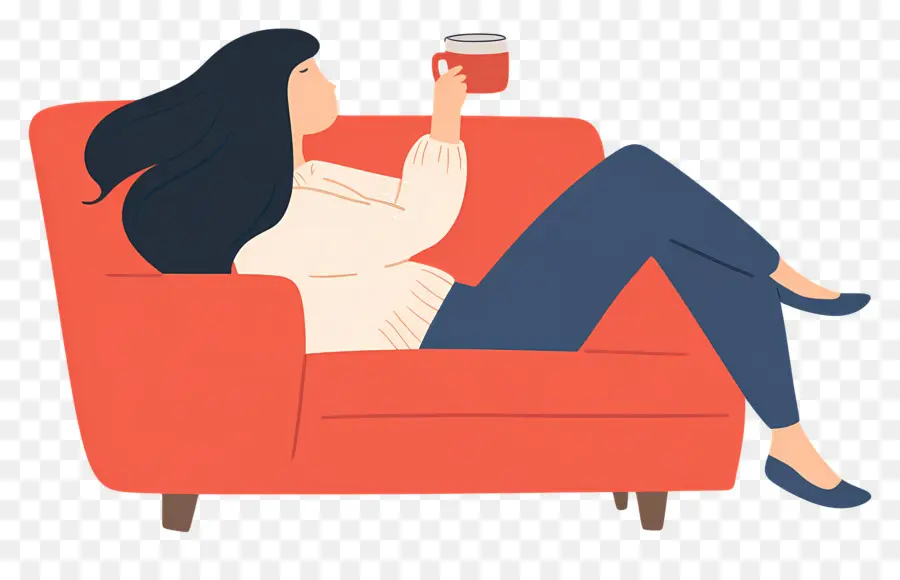 Minum Kopi，Wanita Bersantai Di Sofa PNG