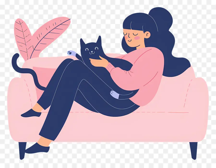 Bersantai Di Sofa，Wanita Dengan Kucing PNG