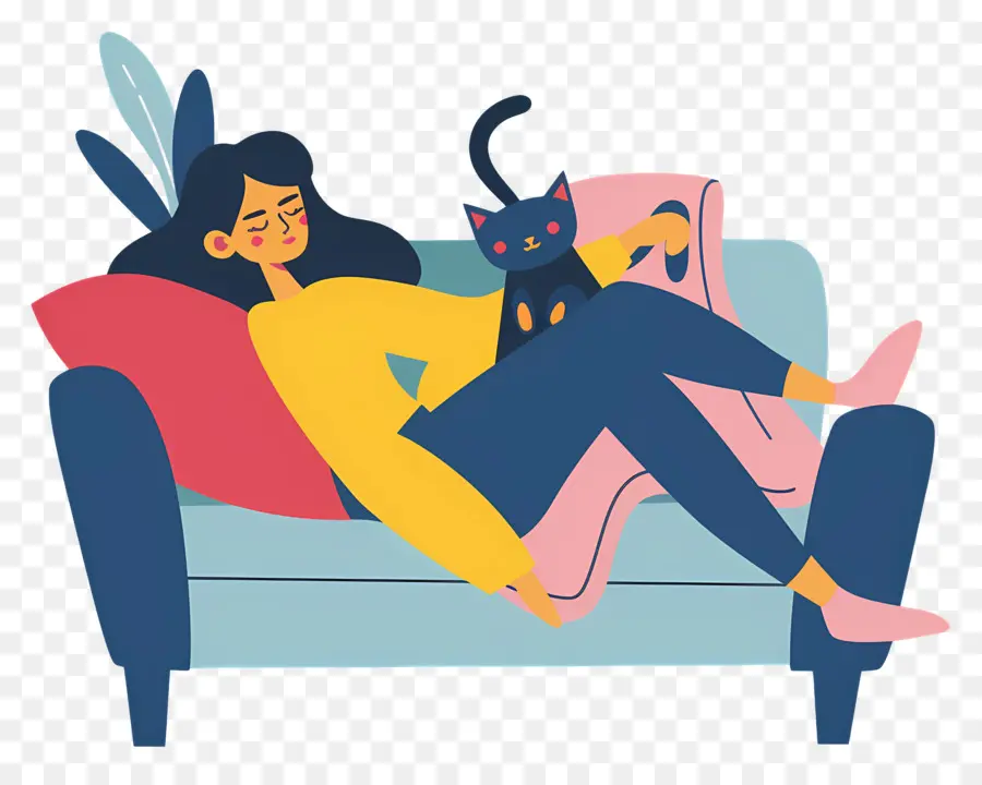 Bersantai Di Sofa，Wanita Dengan Kucing PNG