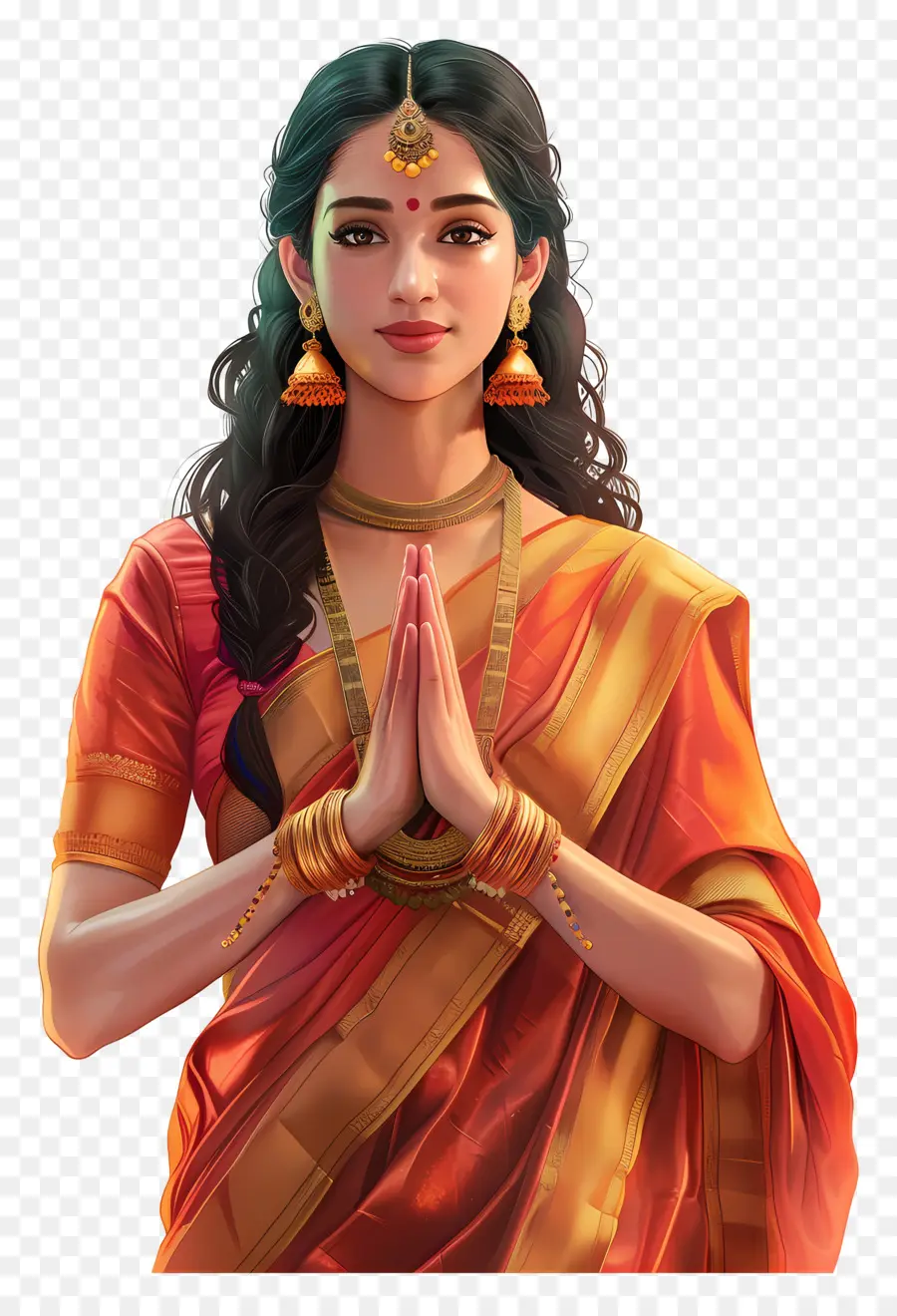 Wanita India，Wanita Tradisional Di Orange Saree PNG