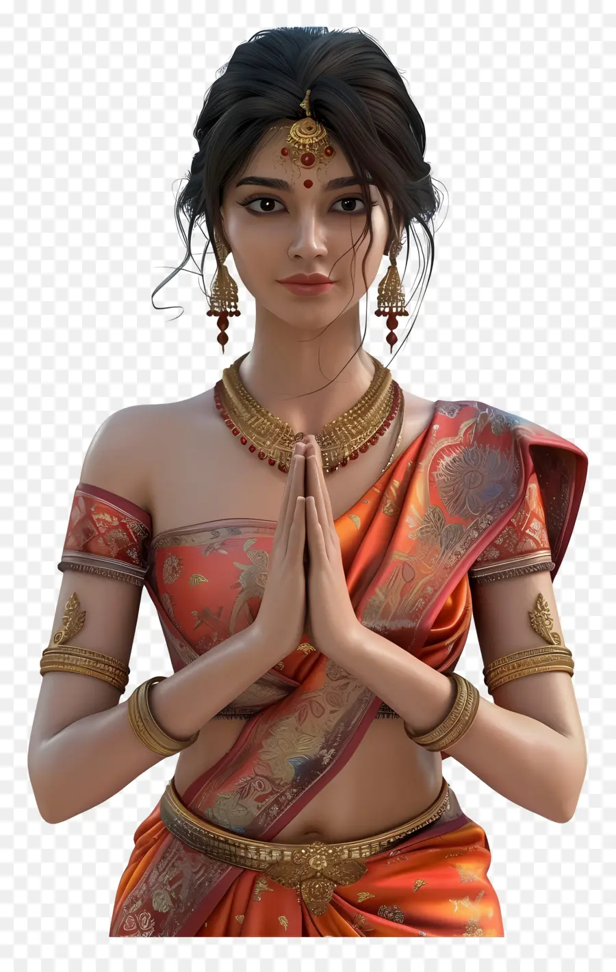 Wanita India，Wanita Tradisional Di Orange Saree PNG