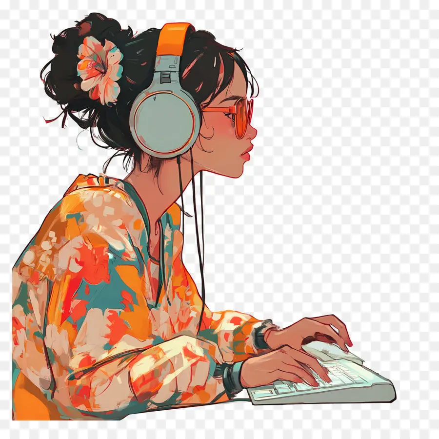 Gadis Dengan Komputer，Gadis Dengan Headphone PNG