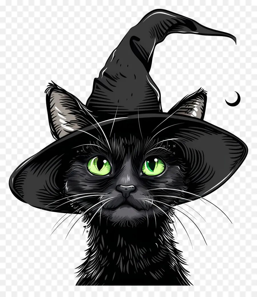 Kucing Halloween，Kucing Hitam Dengan Topi Penyihir PNG