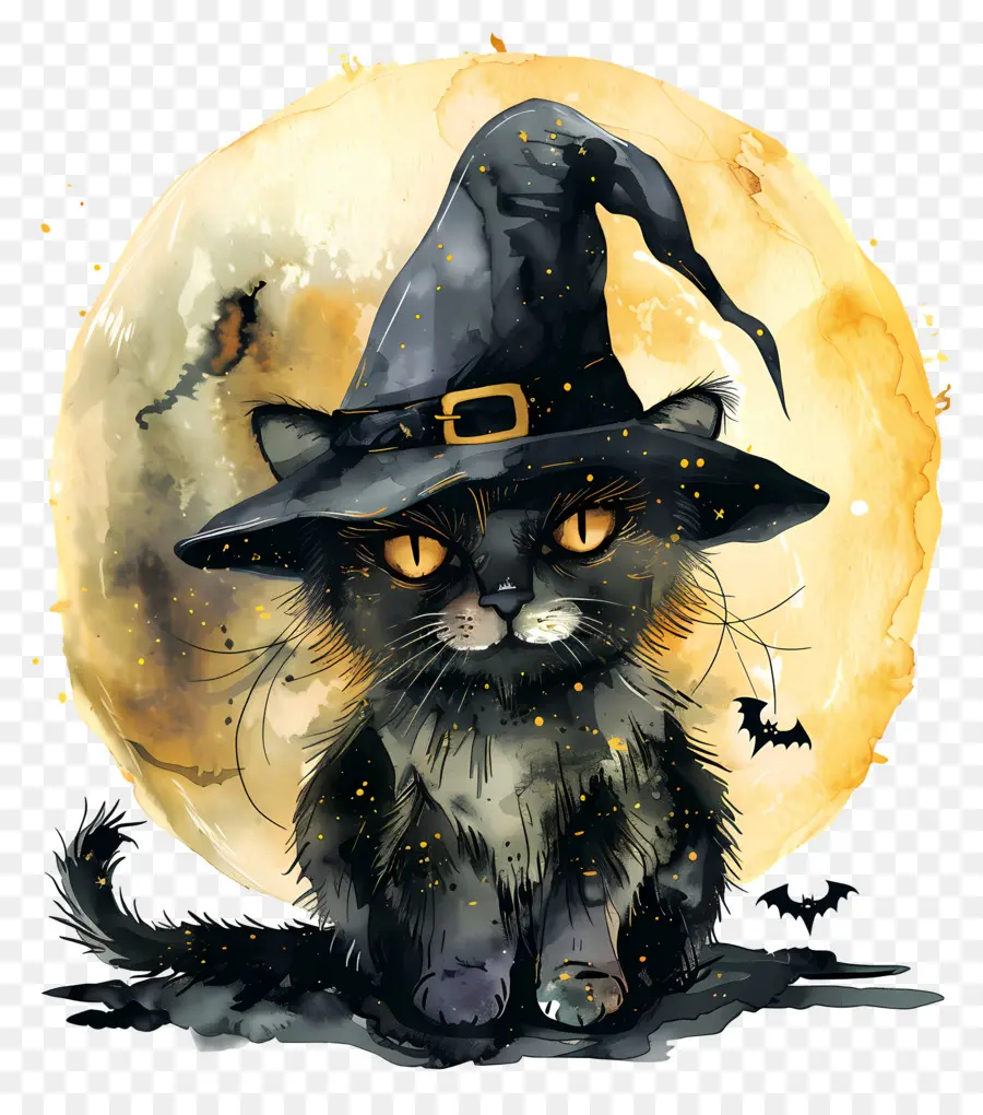 Kucing Halloween，Kucing Hitam Dengan Topi Penyihir PNG