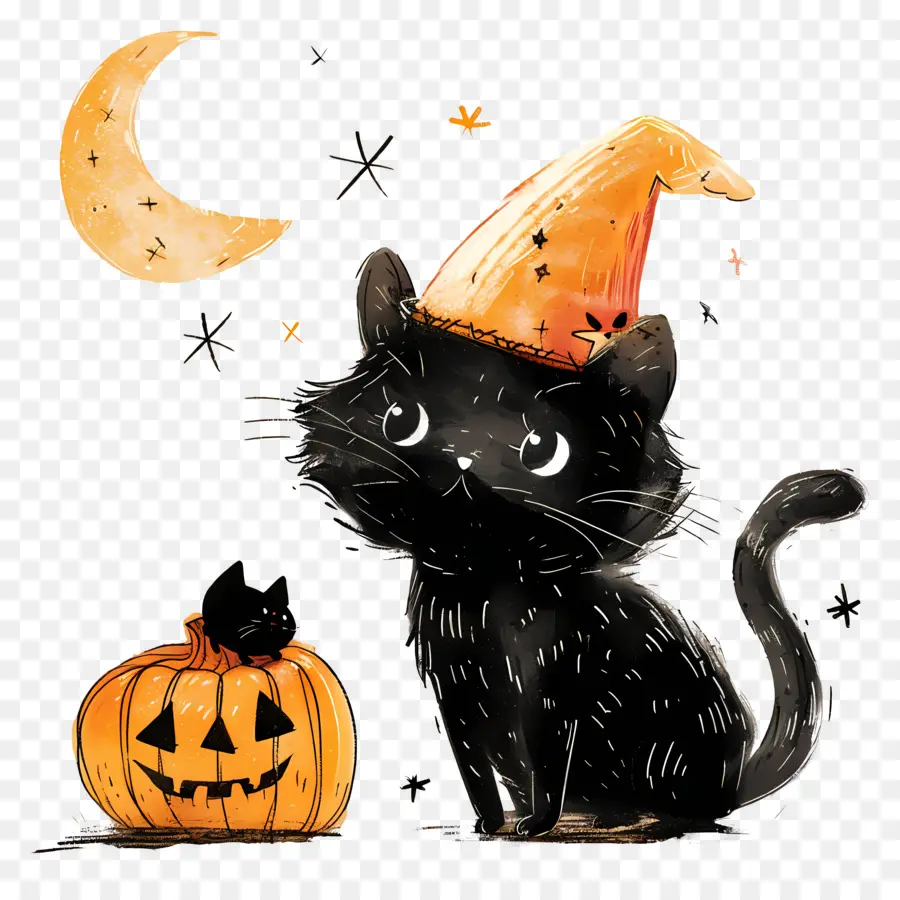 Kucing Halloween，Kucing Hitam Dengan Labu PNG