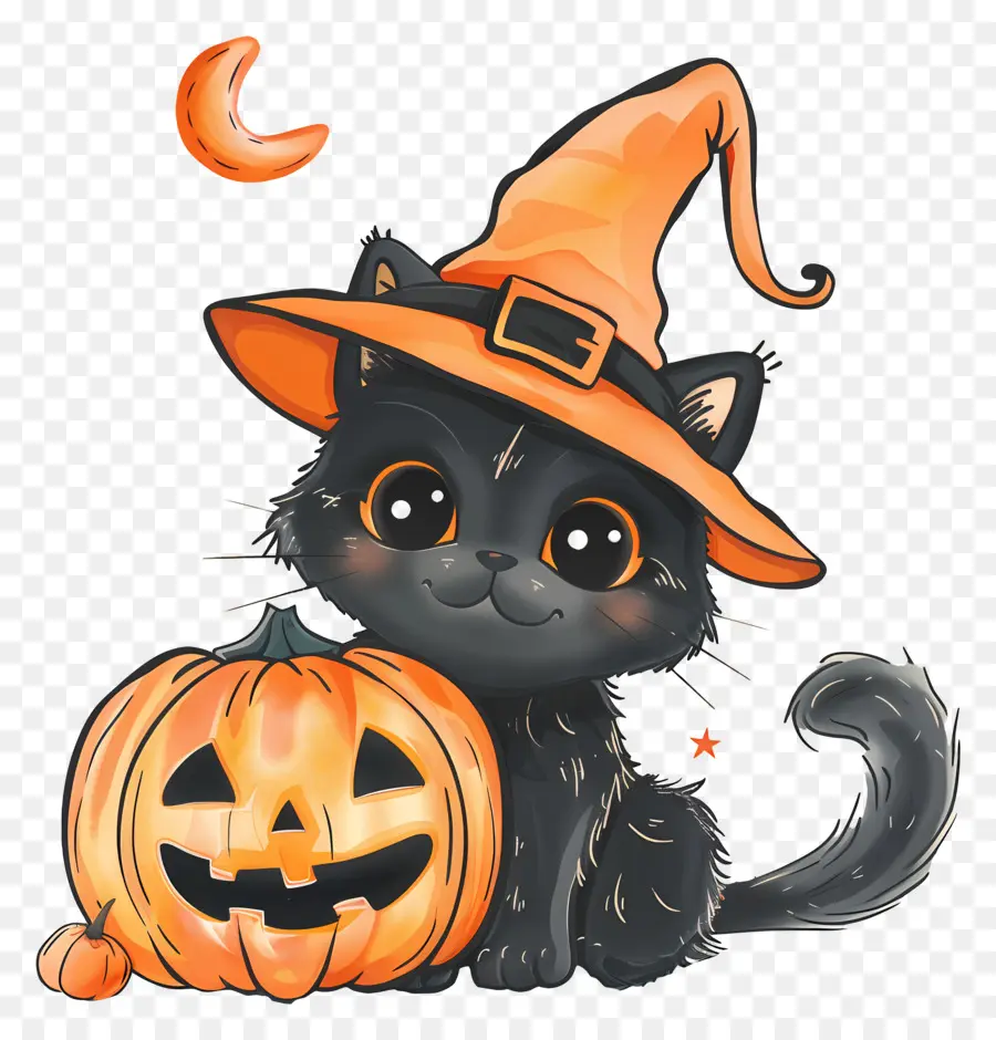 Kucing Halloween，Kucing Hitam Dengan Labu PNG