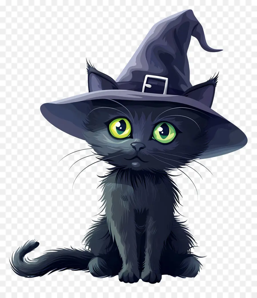 Kucing Halloween，Kucing Hitam Dengan Topi Penyihir PNG