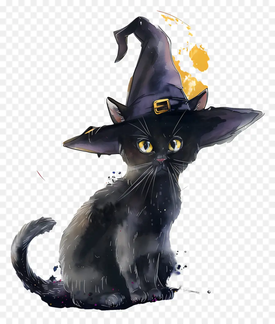 Kucing Halloween，Kucing Hitam Dengan Topi Penyihir PNG