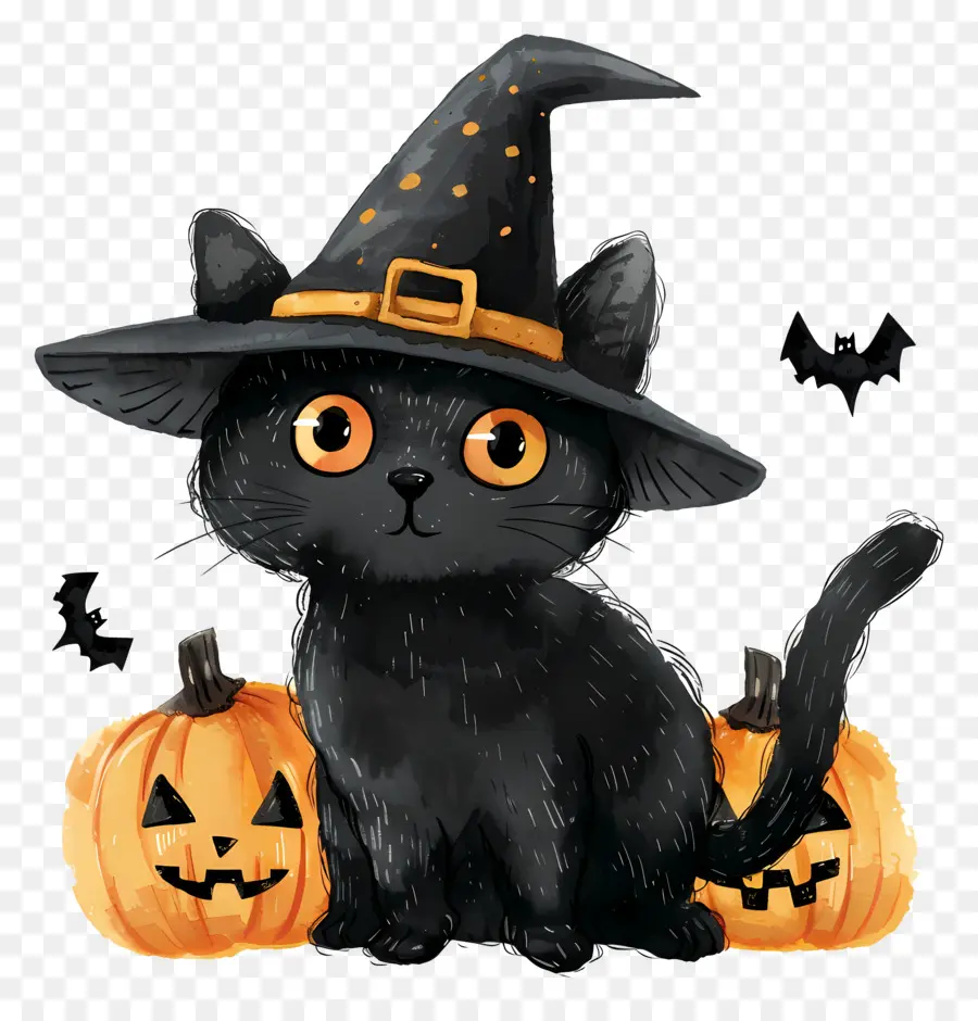 Kucing Halloween，Kucing Hitam Dengan Labu PNG