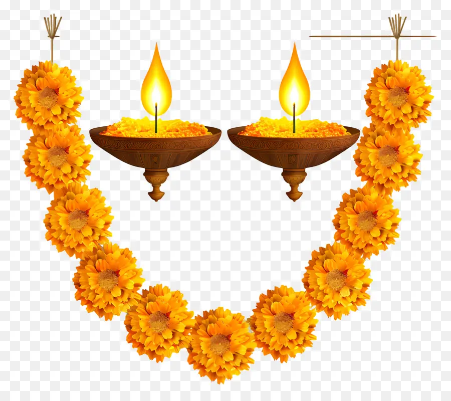 Karangan Bunga Marigold Diwali，Karangan Bunga Kuning Dan Lampu PNG