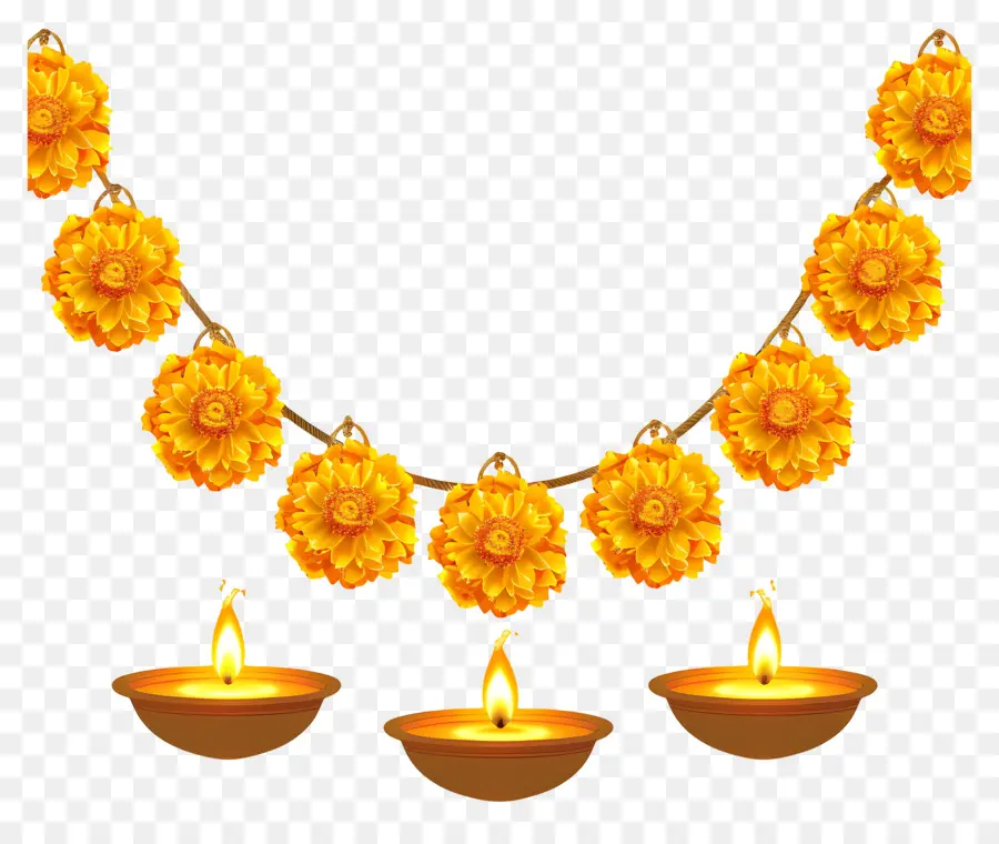 Karangan Bunga Marigold Diwali，Lampu Minyak Dan Bunga Marigold PNG