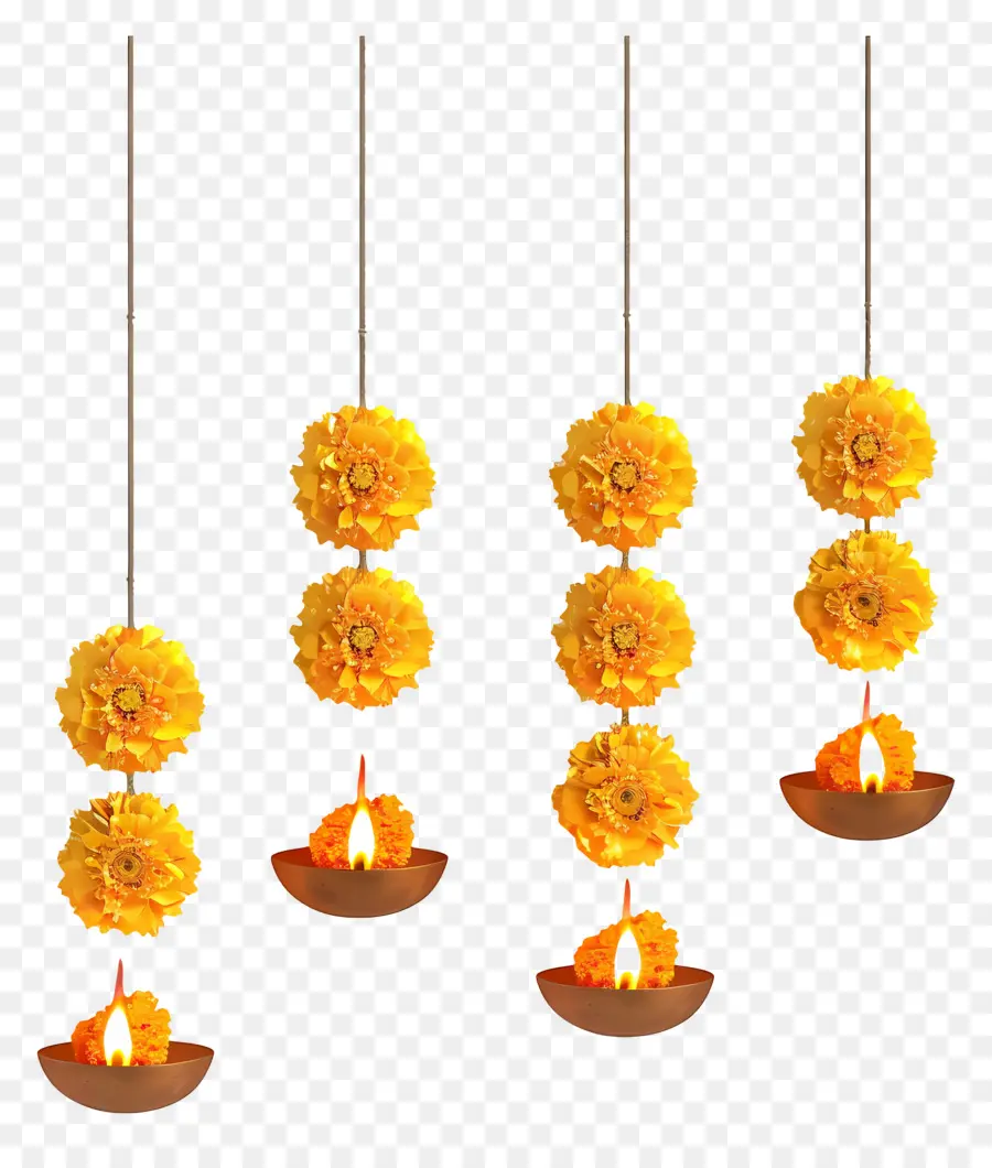 Karangan Bunga Marigold Diwali，Karangan Bunga Marigold Kuning Dengan Diyas PNG