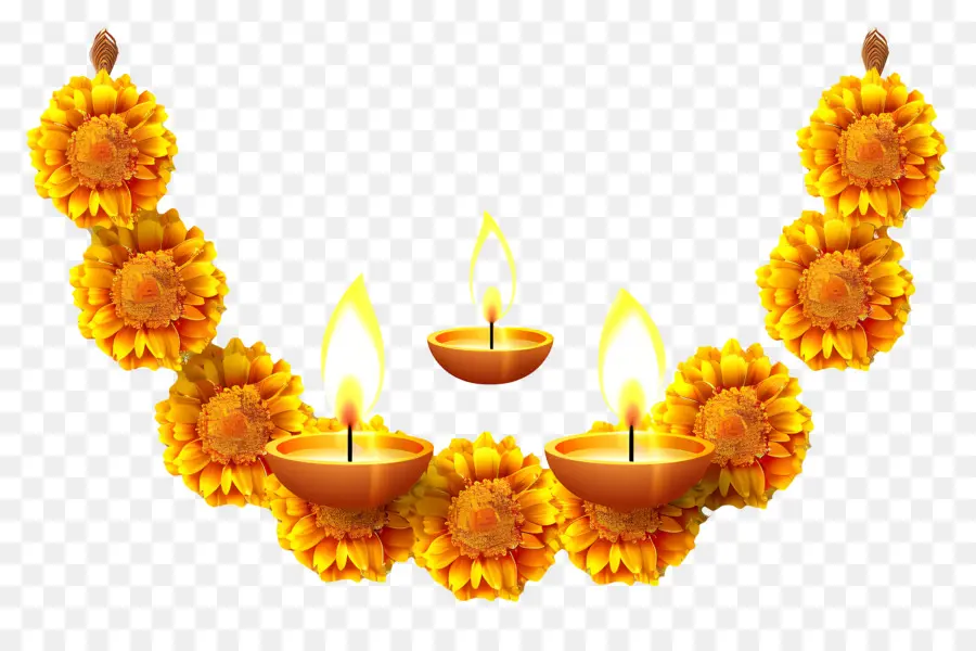 Karangan Bunga Marigold Diwali，Lampu Minyak Dan Bunga Marigold PNG