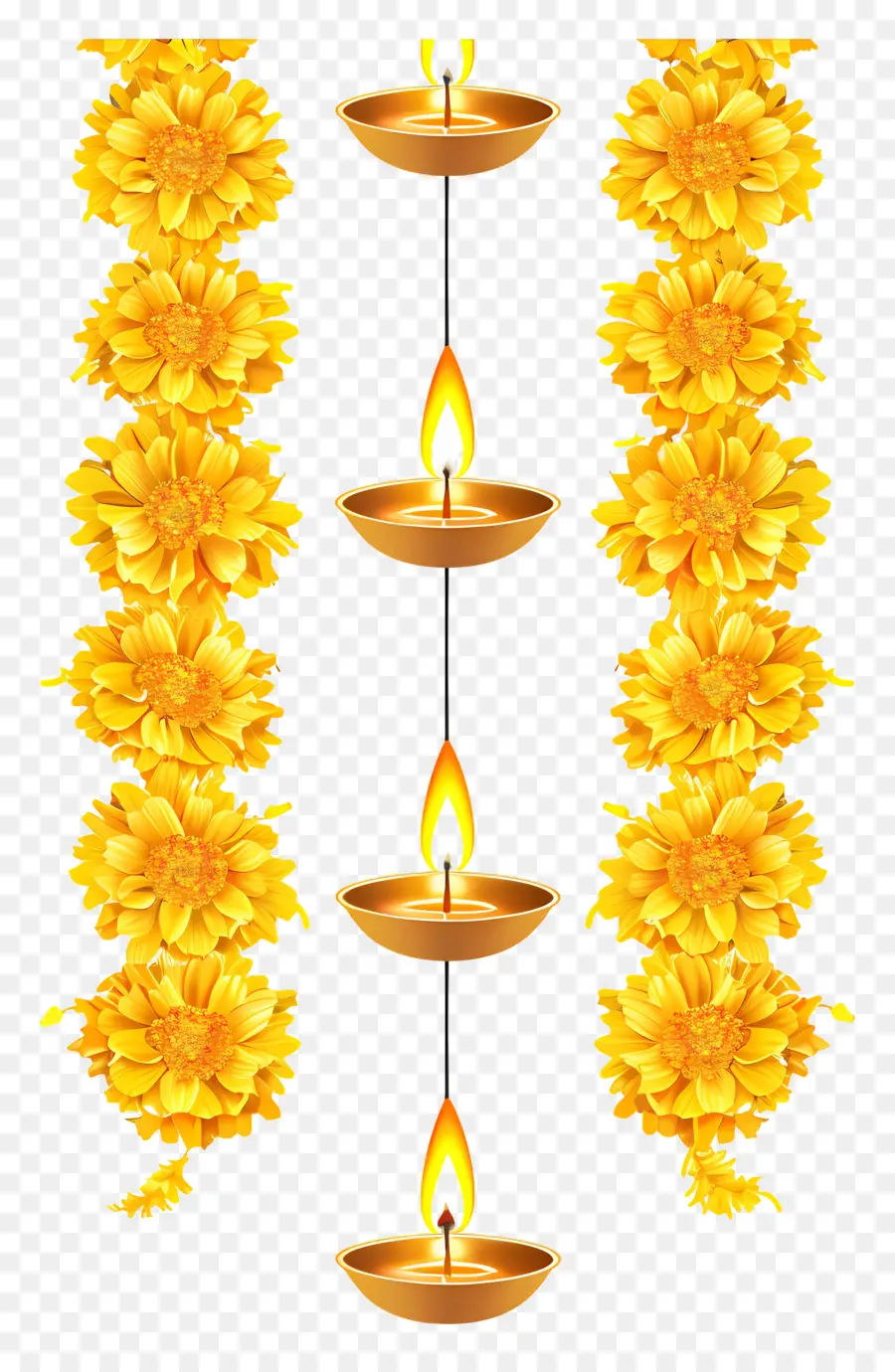 Karangan Bunga Marigold Diwali，Karangan Bunga Kuning Dan Lampu PNG