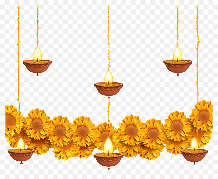 Karangan Bunga Marigold Diwali，Diyas Dengan Bunga PNG