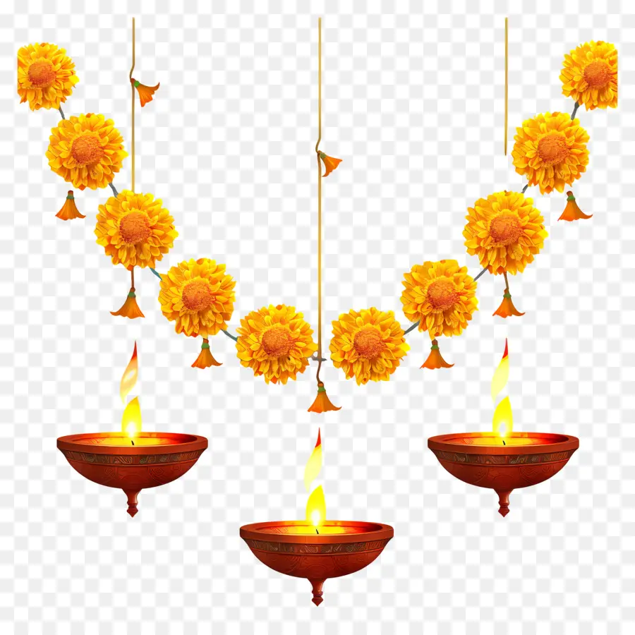 Karangan Bunga Marigold Diwali，Karangan Bunga Kuning Dan Lampu PNG