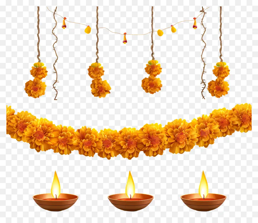 Karangan Bunga Marigold Diwali，Karangan Bunga Kuning Dan Lampu PNG