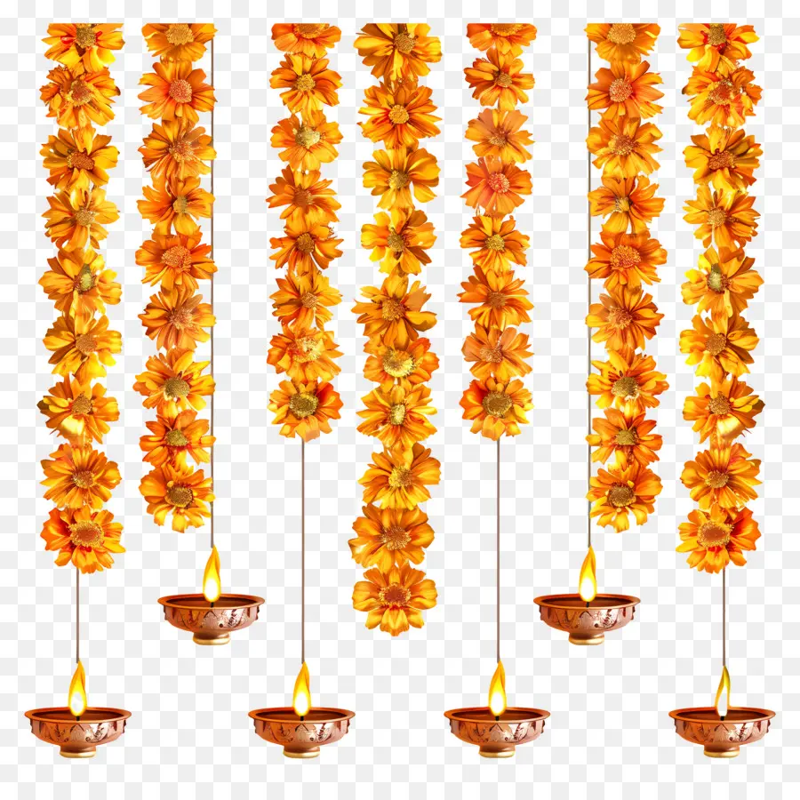 Karangan Bunga Marigold Diwali，Karangan Bunga Dan Lampu PNG